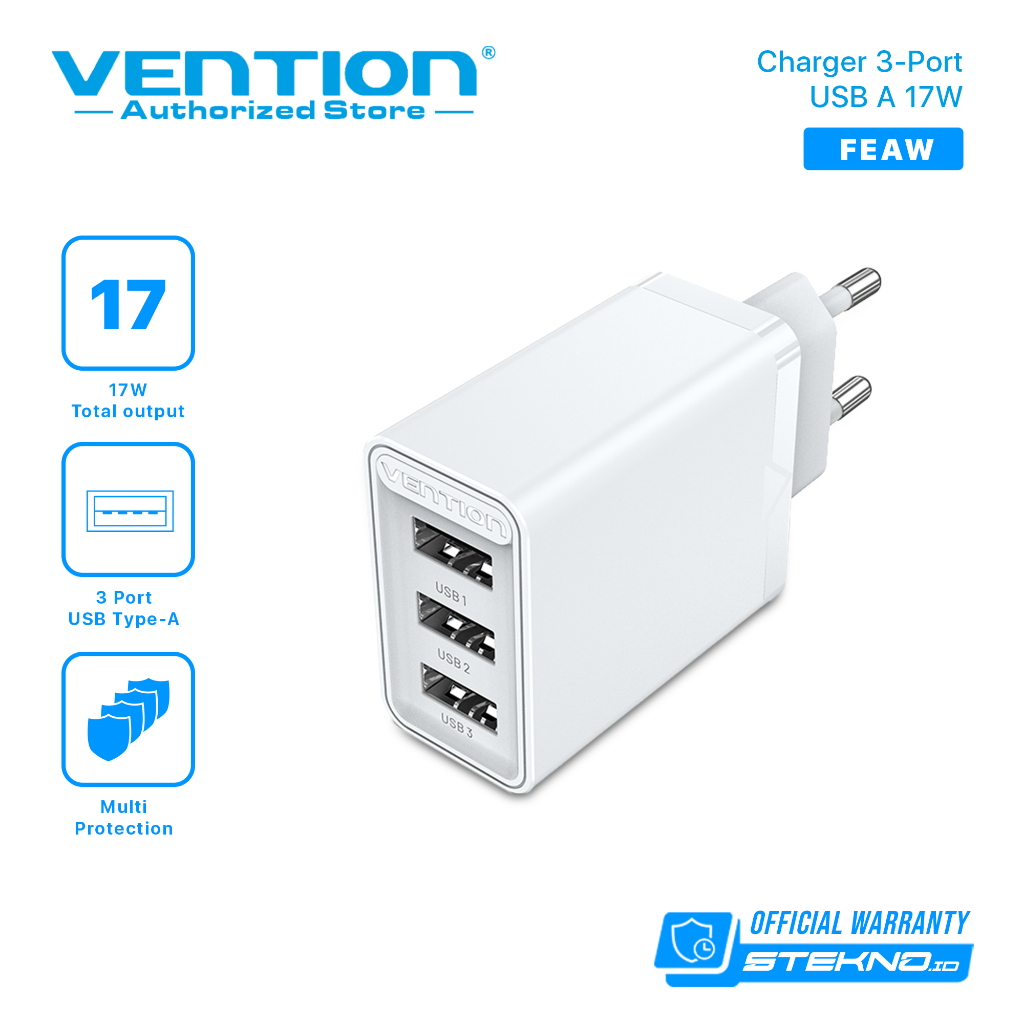 Vention FEA Kepala Charger Adaptor 3 USB A Fast Charging 17W Apple Iphone Android Xiaomi Samsung