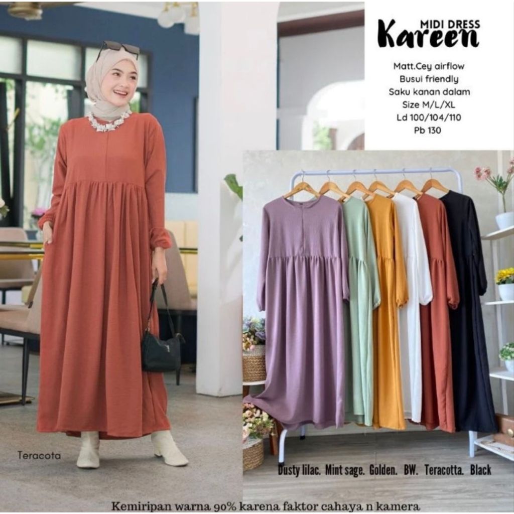 Kareen Midi Dress Baju Gamis Wanita Modern Simple Elegan Terbaru Bahan Cey Crinkle Airflow Size Jumbo
