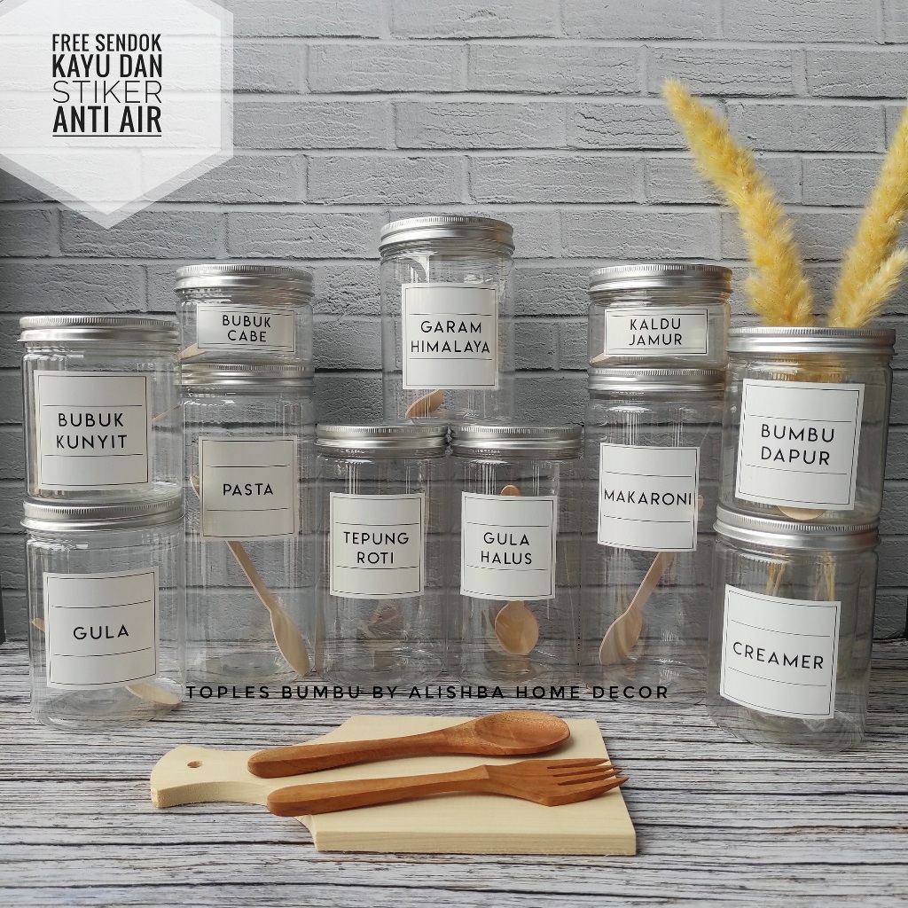 TOPLES BUMBU DAPUR TUTUP ALUMUNIUM SILVER (PLASTIK) 11 PCS PAKETAN MODEL MINIMALIS FREE SENDOK KAYU 