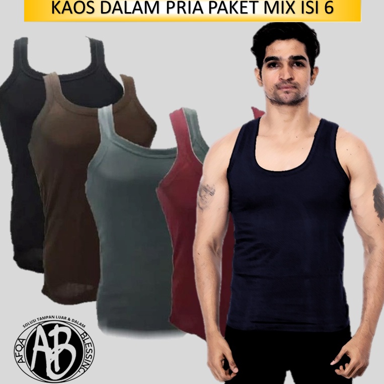 Top banget Ff4F9 Kaos pria dewasa singlet untuk dalaman paket isi 6 warna campur