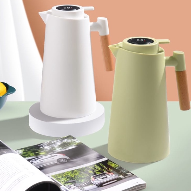 Kingsbakeware Termos Teko Temperature Digital 1 Liter Teko Air Panas Gagang Kayu Elegant Asthetic Te