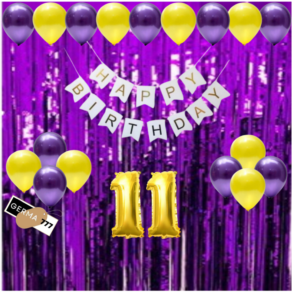 Set Dekorasi Ulang Tahun Anak Cewek Cowok Banner Happy Birthday Tirai Ungu Paket Hemat