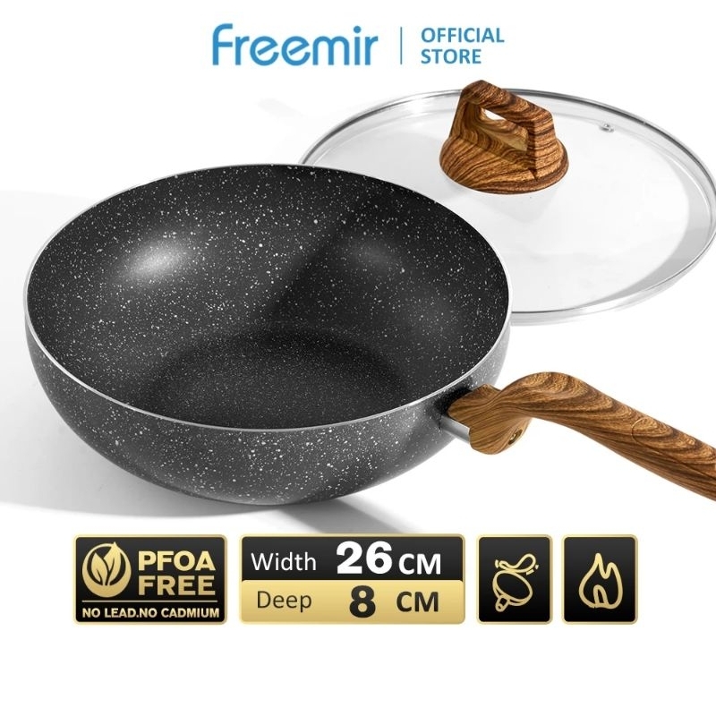 freemir Wajan Granit Hitam 26cm dubble button gagang kayu kekinian