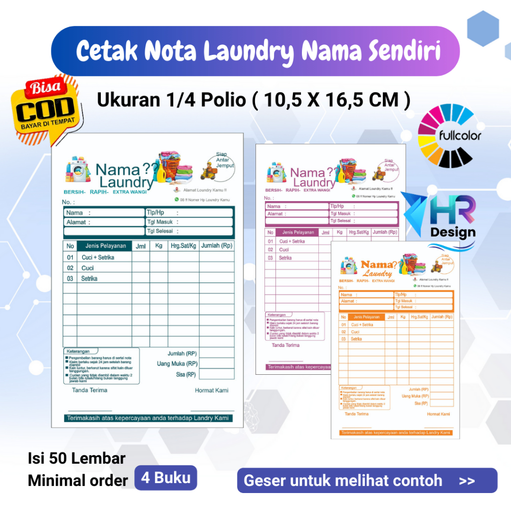 

[ LAGI PROMO ] Cetak Nota Laundry Costum Nama Toko Sendiri Ukuran 1/4 Folio isi 50 Lembar