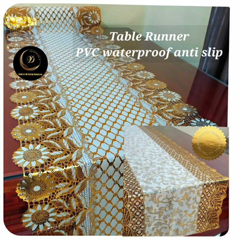 Taplak Meja Makan Tamu Panjang Roll Meteran Gold Pvc Waterproof (Panjang Kustom Meteran)