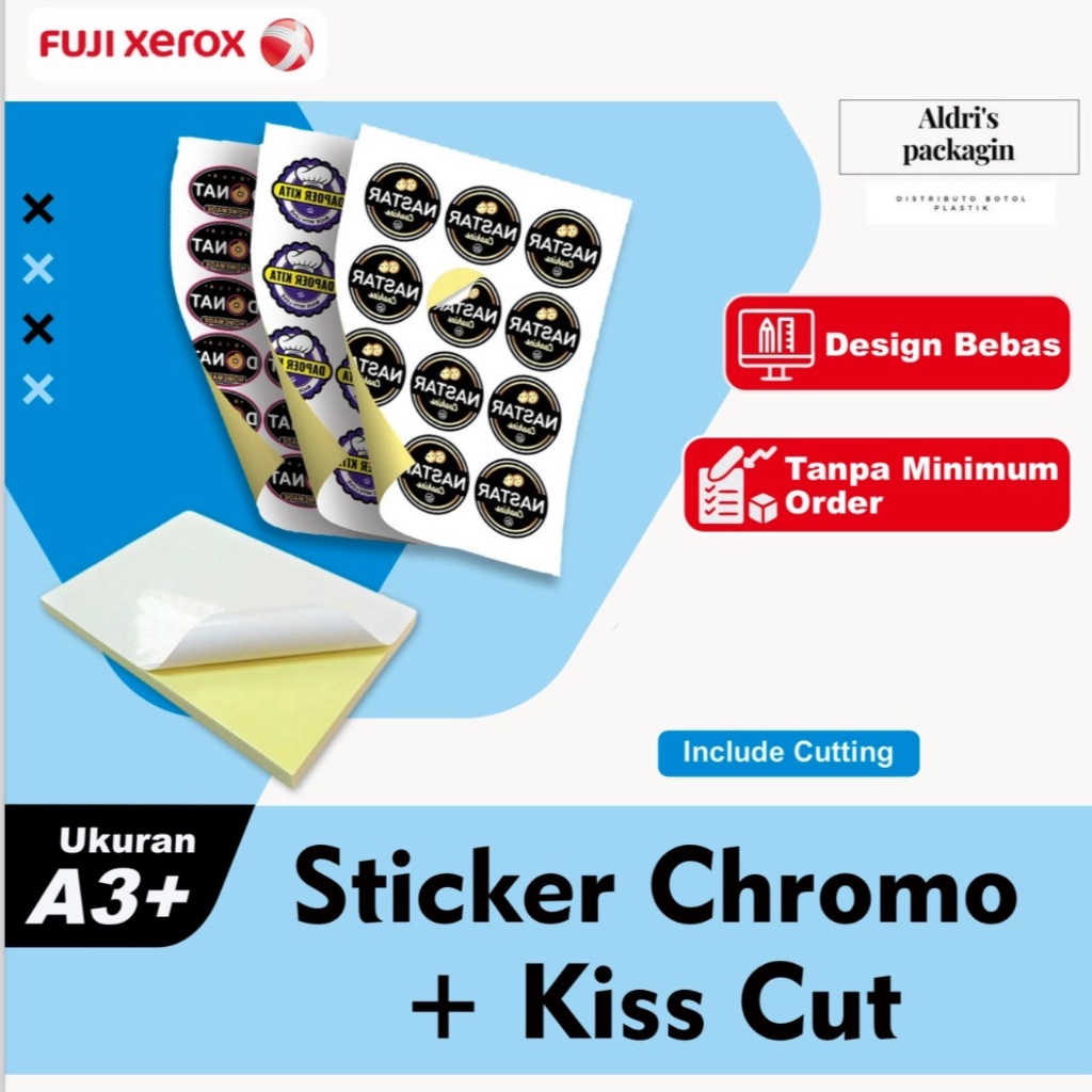 

Cetak Sticker A3+ Chromo / Bontak / Vinyl Include Cutting - Cetak Stiker Label / Logo