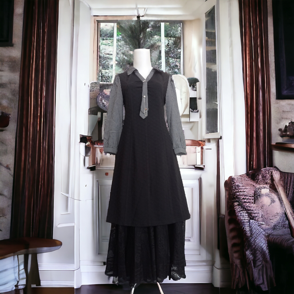 New Tunik/Dres Dewasa  Motif Kotak Bahan Berteksture Warna Hitam Premium (Tanpa Rok)  –  059TH