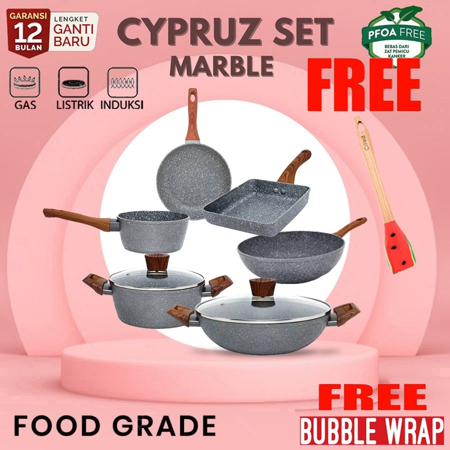Cyprus Marble Cookware Cypruz Set Fry Wok Pan Induksi Panci Wajan Penggorengan 6 Pcs