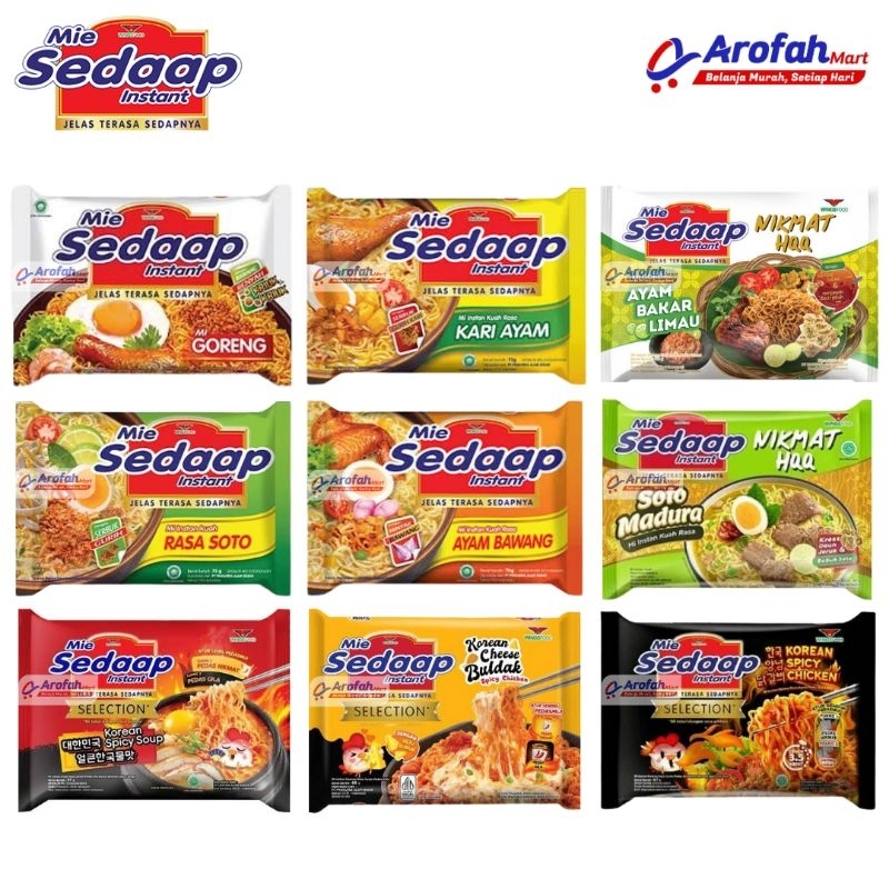 

MI SEDAAP Goreng, Korea, Buldak, Spicy, Soto Madura, Ayam Bakar, Kari Ayam, Ayam Bawang