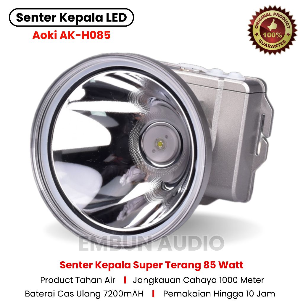 Senter Kepala 85Watt AOKI AK-H085 Cahaya Putih Tahan 10Jam Waterproof Model Silver HeadLamp Professi