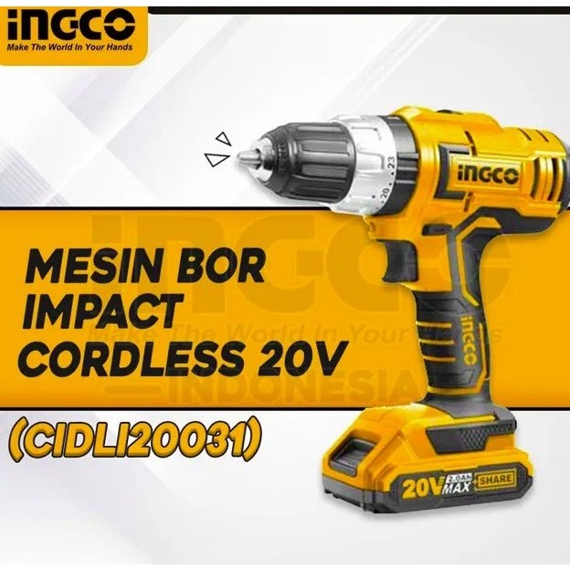 Cordless Impact Drill (13mm) INGCO CIDLI20031 - Bor Besi Kayu Tembok
