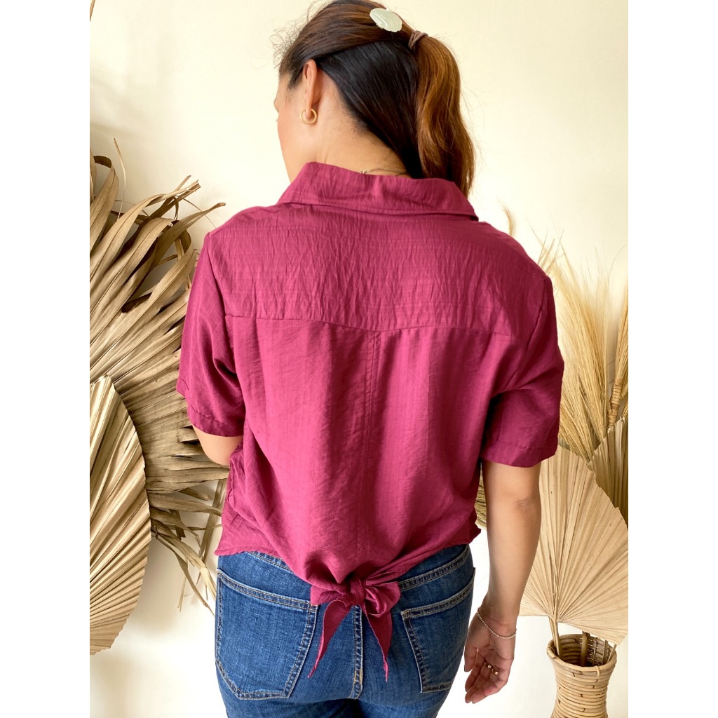 Kemeja Ikat Belakang | Kemeja Wanita Kekinian Lengan Pendek Motif Polos Bahan Polo Linen Nyaman untu