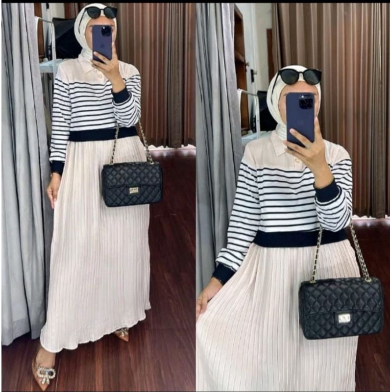 DRESS MIDI RAJUT SALUR BANGKOK PLISKET IMPORT ORI