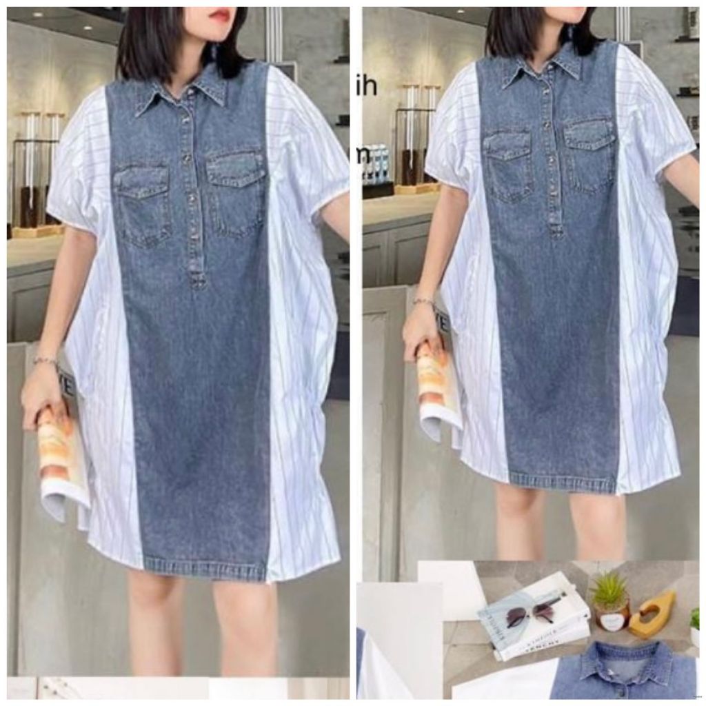 DRESS KOMBINASI DENIM / DRESS WANITA KOREA KATUN KOMBINASI DENIM 9082
