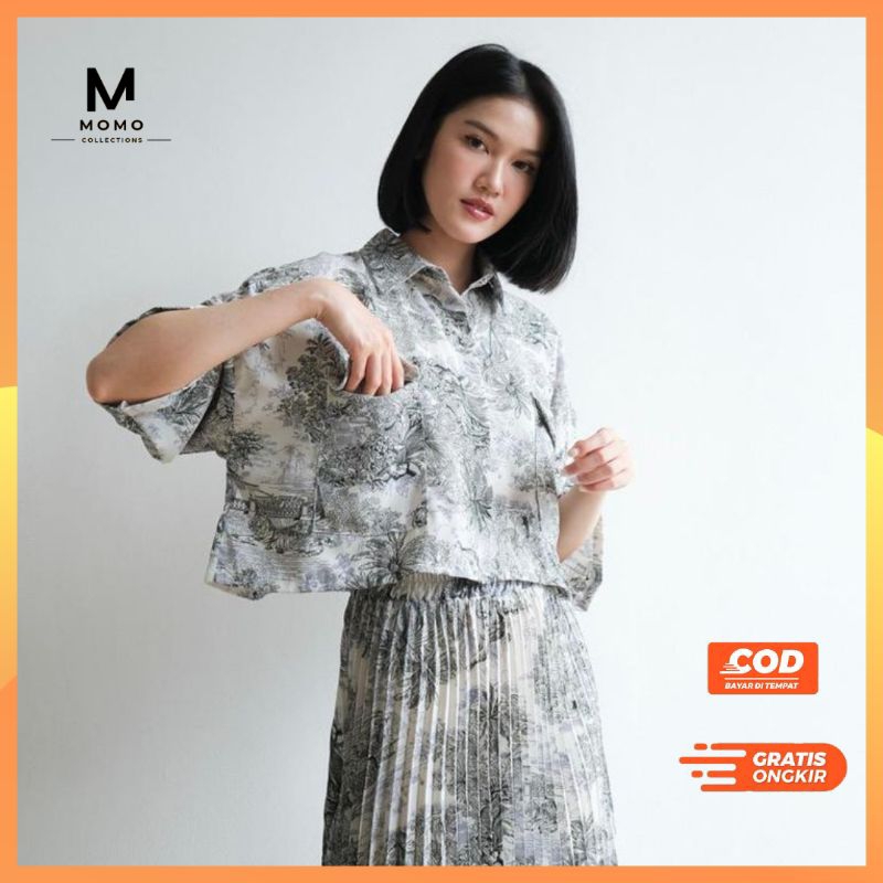 One Set Setelan Kemeja Crop Rok Midi Plisket Floral Bunga Korean Vintage