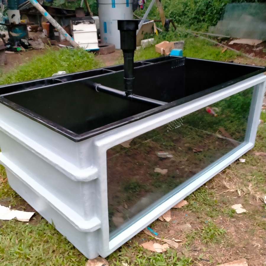 Kolam ikan/Aquarium Fiberglass Kombinasi Kaca Ukuran 180x100x70 Cm+ Filter Belkang + Mushroom/Fiber