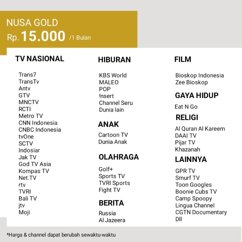 Paket Nusa Gold Transvision Nusantara HD, Combo, Merdeka dan Samsung HD 30 Hari