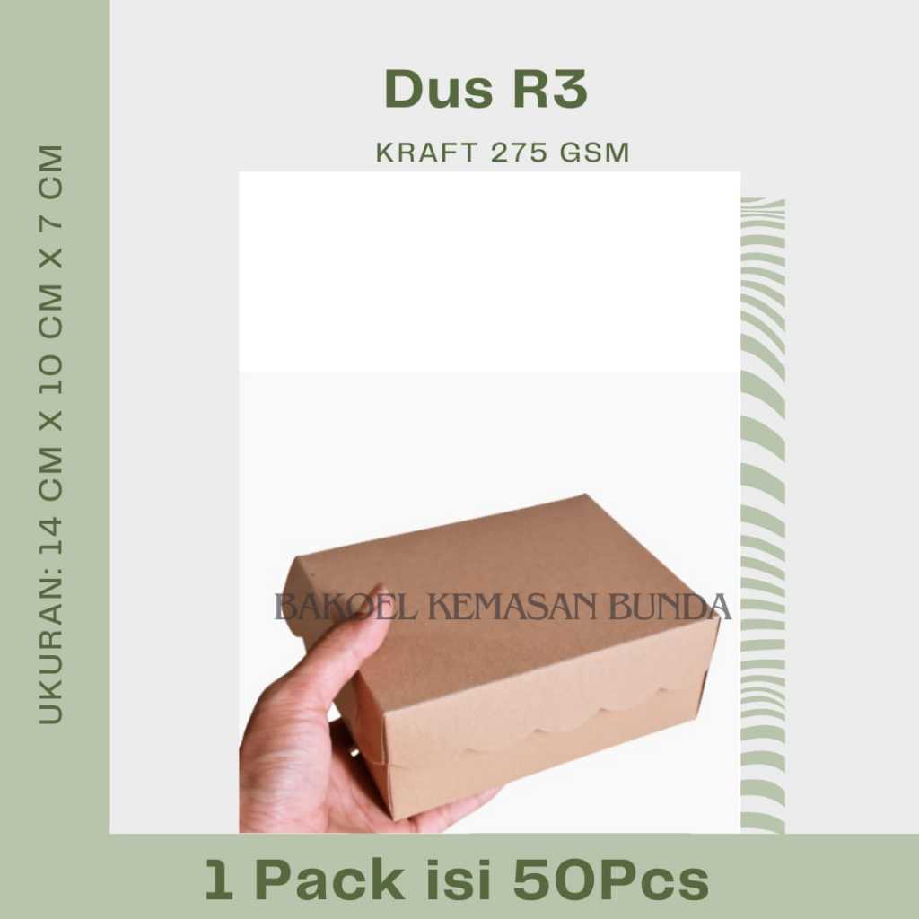 

Dus R3 (14cm x 10 cm x 7 cm) Kraft 275 gsm | Kardus | Dus Snack dan Nasi