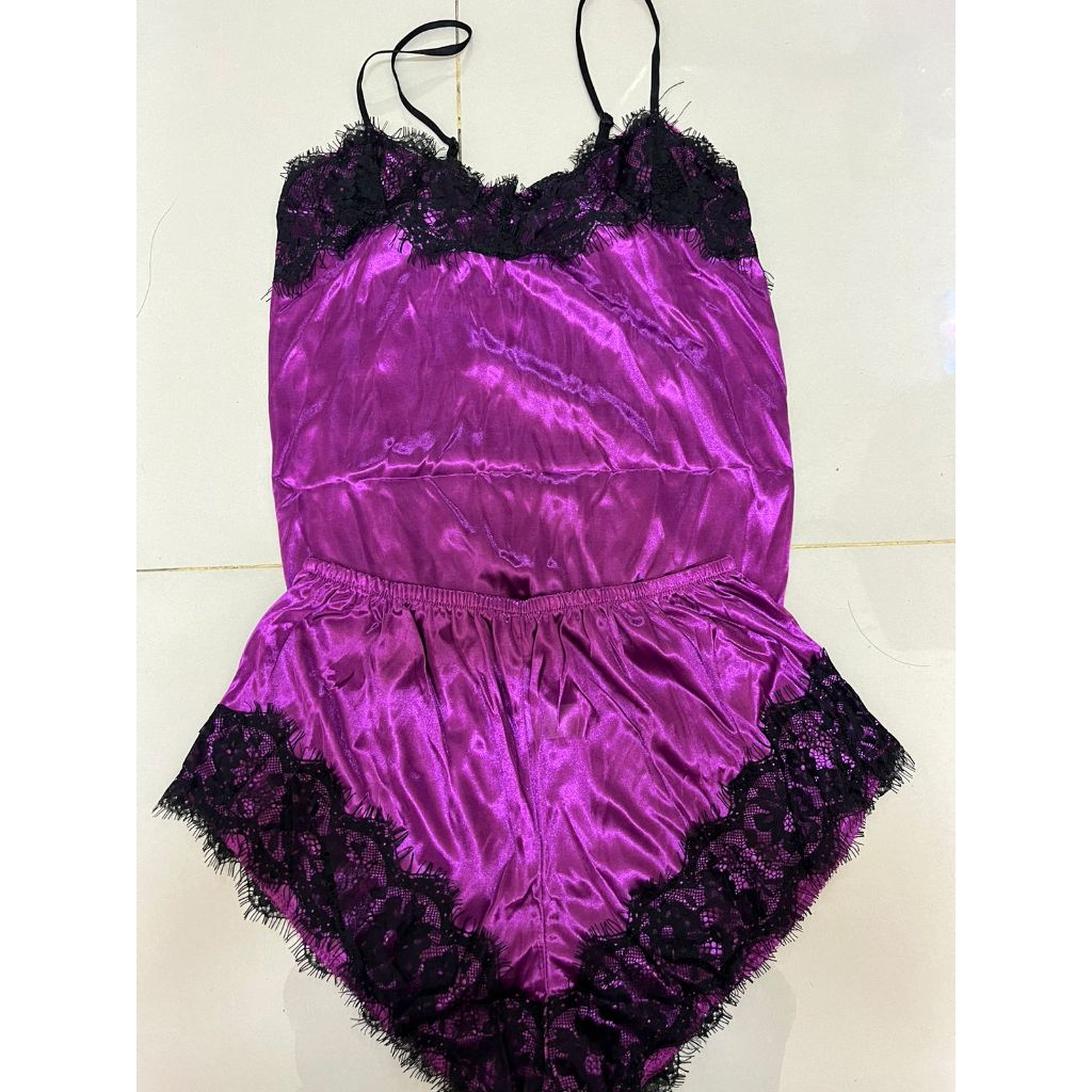 UIY Stelan Piyama Baju Tidur Wanita Tali Satu Celana Pendek Satin Renda #15