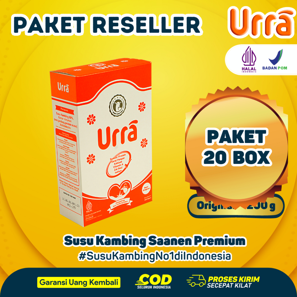 

[ PAKET 20 BOX ] SUSU URRA - Susu Kambing Saanen Bubuk Premium - Anti Prengus Sumber Protein Tinggi Nutrisi dan Kalsium - 200gr Halal BPOM