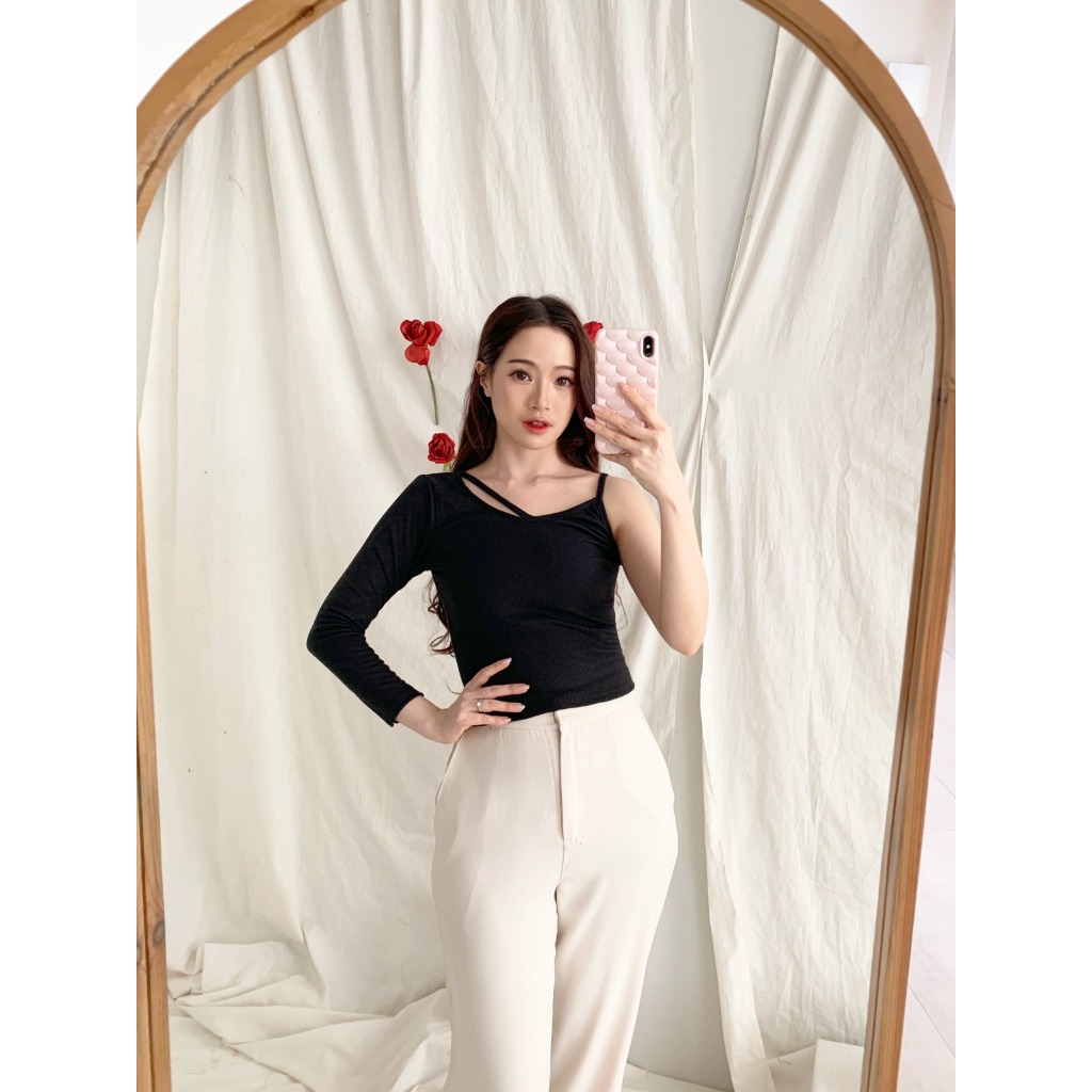 Korean Longsleeve Crop Top Knit One Shoulder Tank Top Korea Kaos Lengan Panjang Wanita Rajut B1920