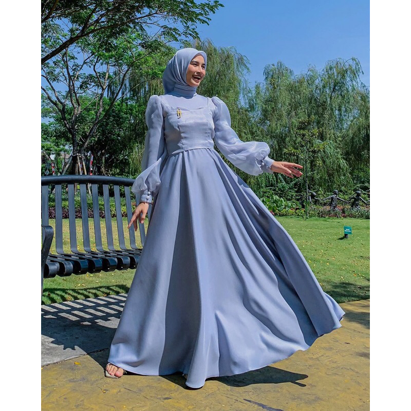 Gamis Shimer Kondangn Warna Denim Mewah Elegan LD 110cm Sienna Dress Gamis wanita Kekinian lengan ba