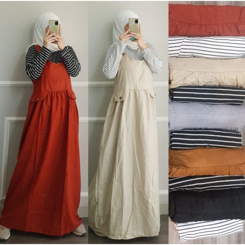 Set gamis overall + inner dalaman kaos salur