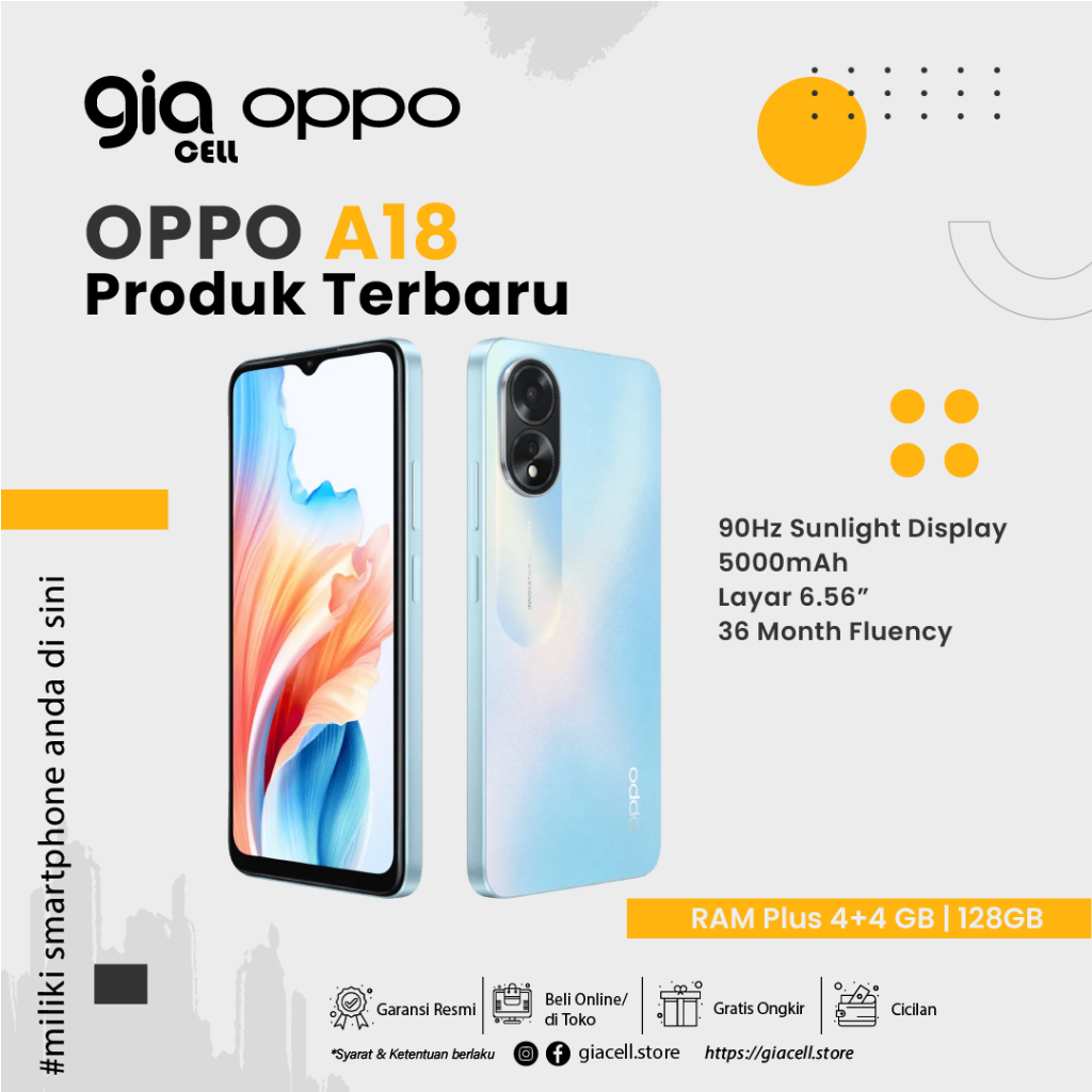 Oppo A18 Resmi Ram 8 internal 128GB Garansi Resmi