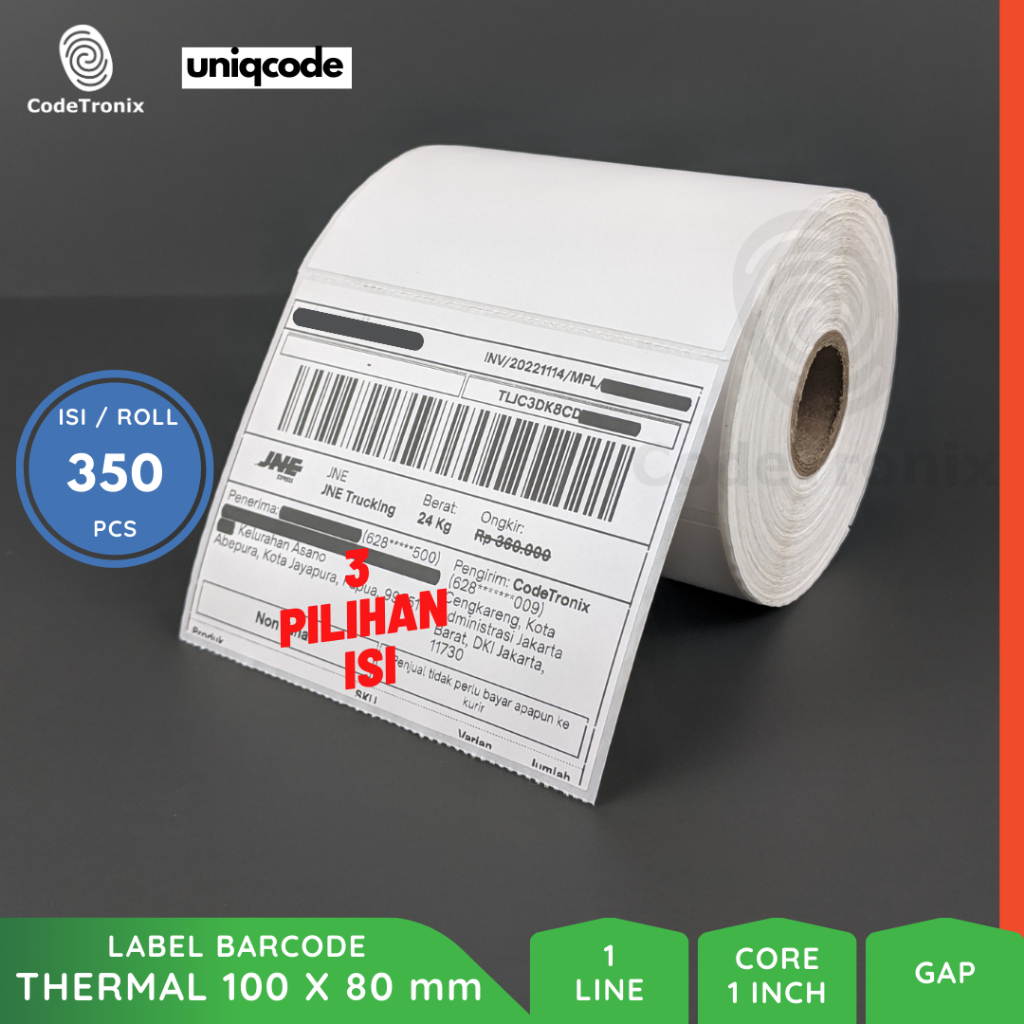 

Uniqcode Label Barcode Thermal 100x80 Resi A7 350pcs Pengiriman Paket