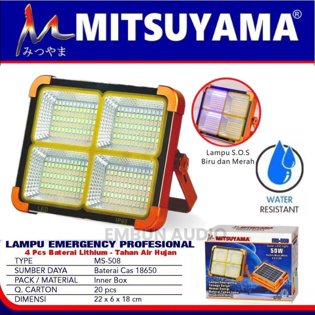 Lampu Emergency Professional MITSUYAMA MS-508 50Watt Lampu Sorot Solar Cell Outdoor - Lampu Tenaga S