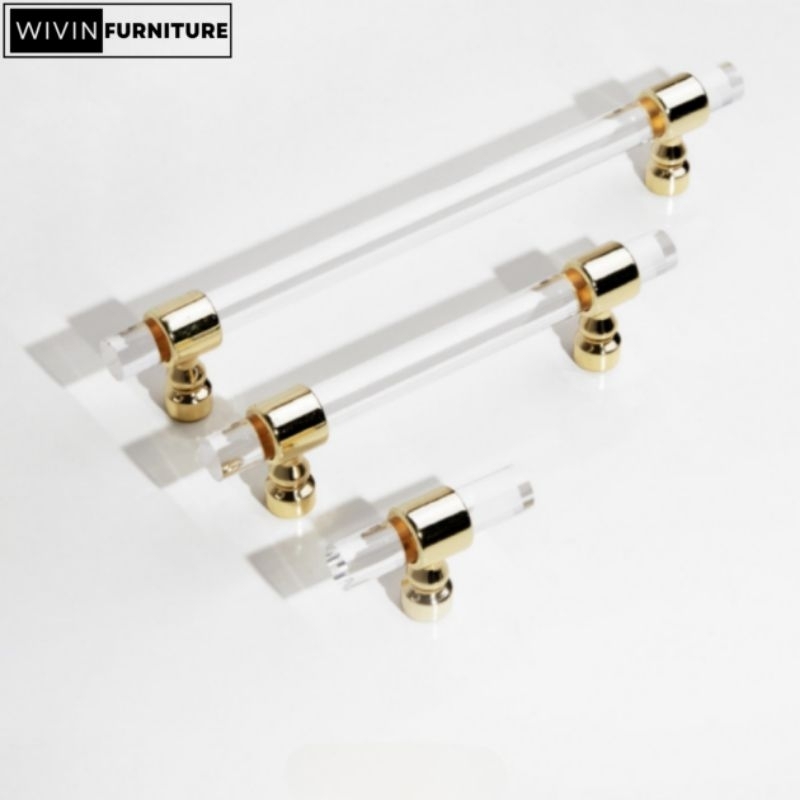 W-55 Handle Lemari Transparent Acrylic Glass Gold Handle Bening Emas Tarikan Laci Gagang Pintu Akses