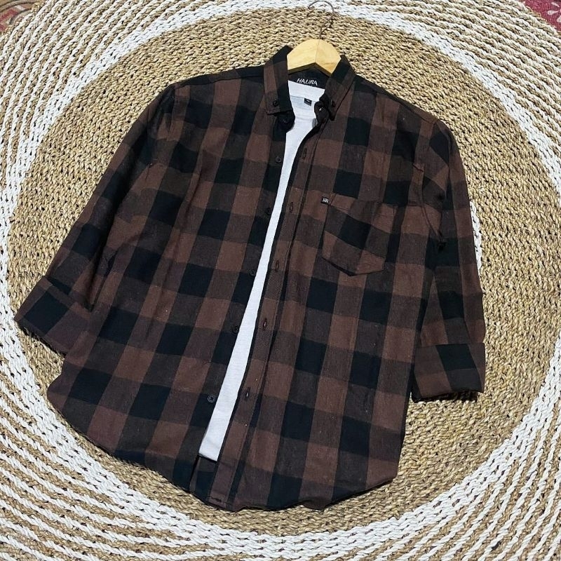 Kemeja Flanel Pria Kualitas Premium Lengan Panjang Motif Kotak Kotak Catur Coklat Tua Lengan Panjang