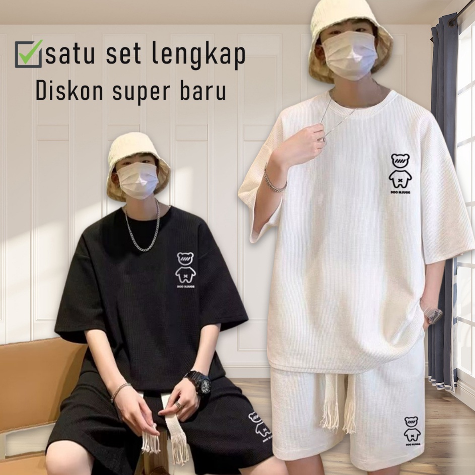 TEBUS MURAH Outfit Pria 1 Set Lengkap Keren waffle OOTD Pria Set baju oversize pria baju Setelan Pri