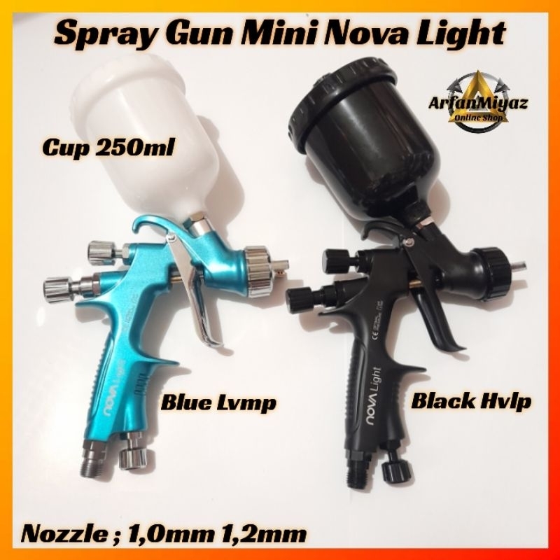 Spray Gun Auarita Mini Nova Light Blue Lvmp Black Hvlp Nozzle 1,0mm Dan 1,2mm Cup 250ml Alat Semprot