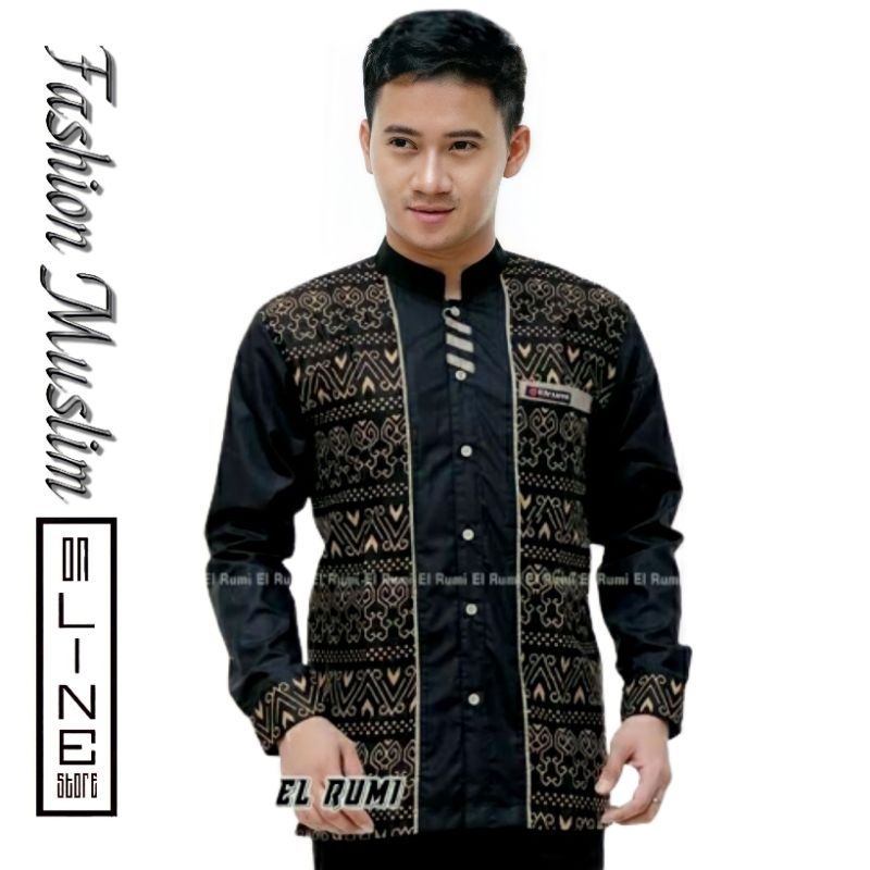 Baju Koko Batik Pria Dewasa Lengan Panjang Original Elrumi Motif Jarilist Koko Hadroh Kombinasi Bati
