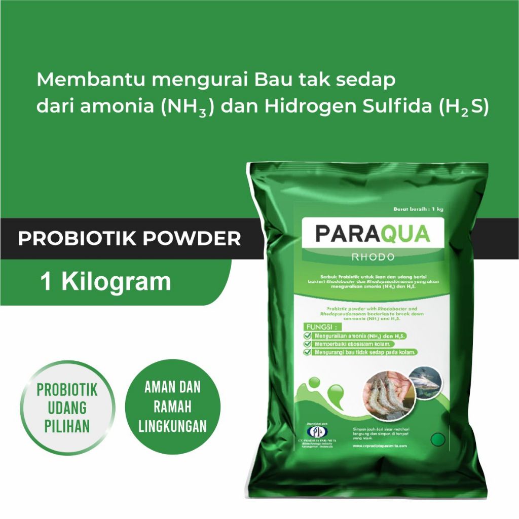 

Probiotik Ikan dan Udang - Pengurai Amonia dan H2S - Mengurangi Limbah Kolam - PARAQUA RHODO (1 kg)