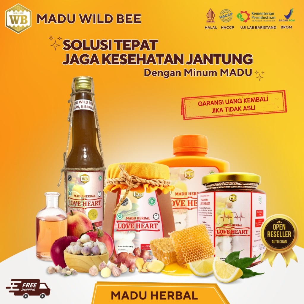 

Madu LOVE HEART Herbal Bawang Tunggal, Lemon, Cuka Apel, Jahe Merah 100% Madu Murni Wild Bee