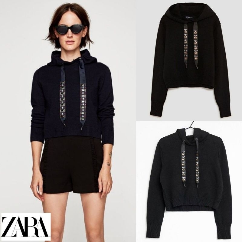 [ZARA] Knit Hoodie Semi Crop Top With Rhinestone Bejeweled Embellished Drawstring Tie Detail Pullove