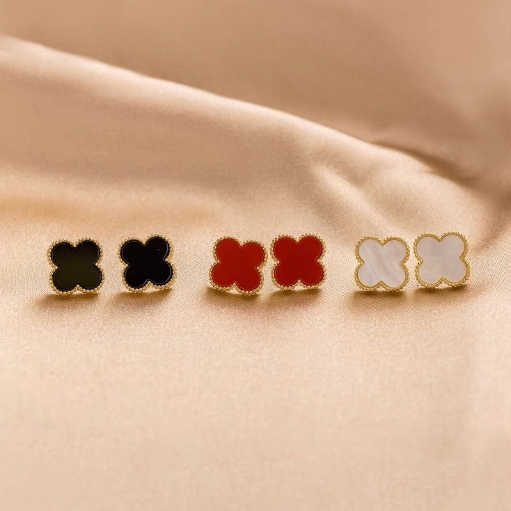 【BOBOCLUB】Anting Emas Muda Jarum Perak Semanggi Empat Daun Tiga Warna Anting Korea Asli Dewasa Antin