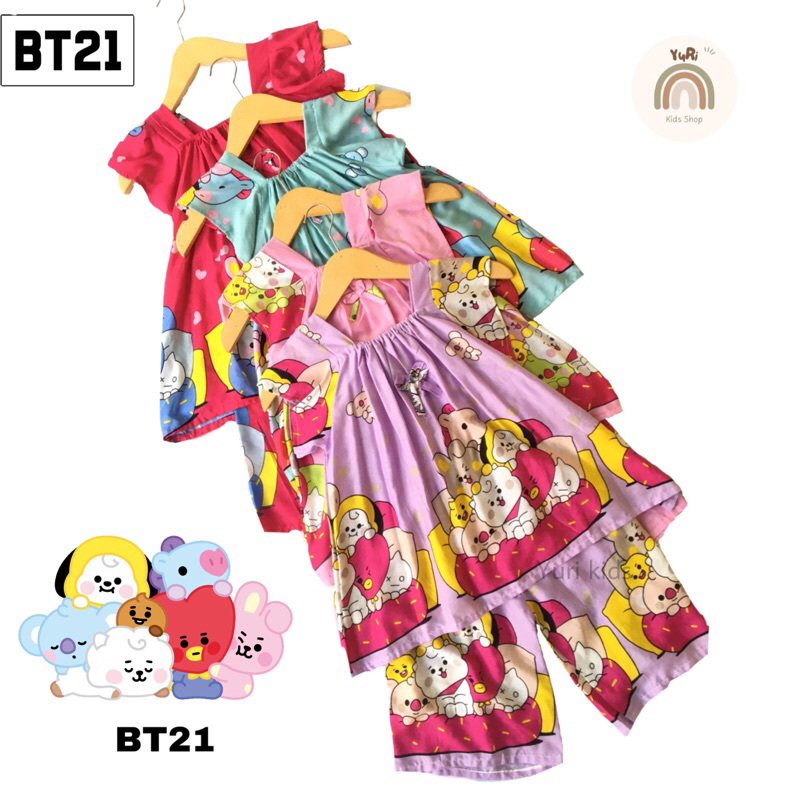 [ YURI ] SETELAN BAJU ANAK CEWEK/PEREMPUAN RAYON MOTIF BT21/BTS MODEL LENGAN PENDEK CELANA PEDEK BAH