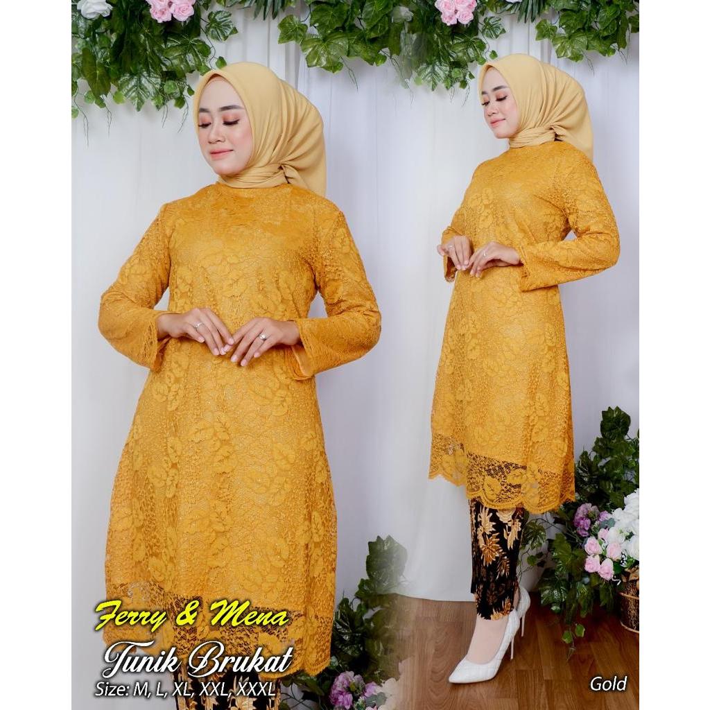 Setelan Tunik Brukat Pesta Kebaya Kondangan Baju Kurung Wanita Rok Plisket Baju Lebaran Wanita Musli