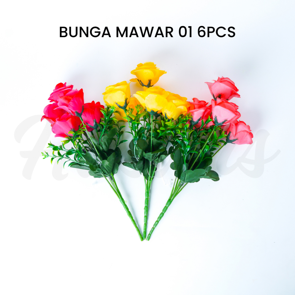 Bunga Mawar Latex Premium / Bunga Mawar Artificial / Bunga Mawar Palsu Plastik / Bunga Mawar 01 6Pcs