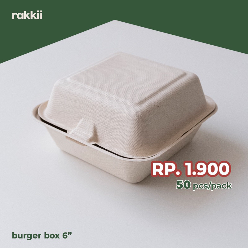RAKKII BAGASSE BOX BENTO BURGER KOREA CAKE MOCHI LUNCH 15 X 15 CM NATURAL 6 INCH 50 PCS