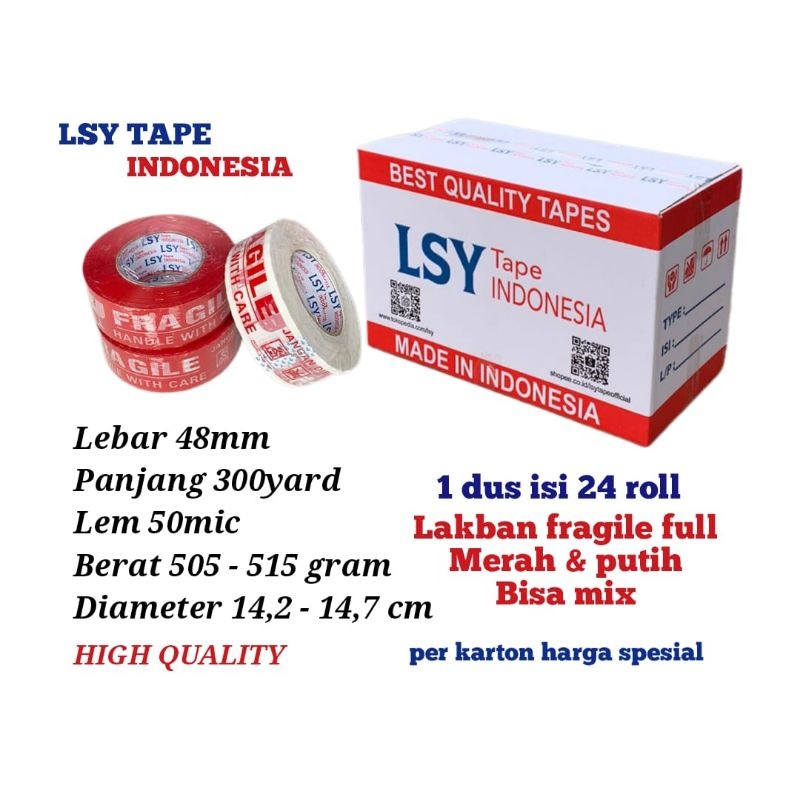 

LSY 1Dus Grosiran 24roll Lakban Fragile Merah Full 48mm x 300yard Full 50mic