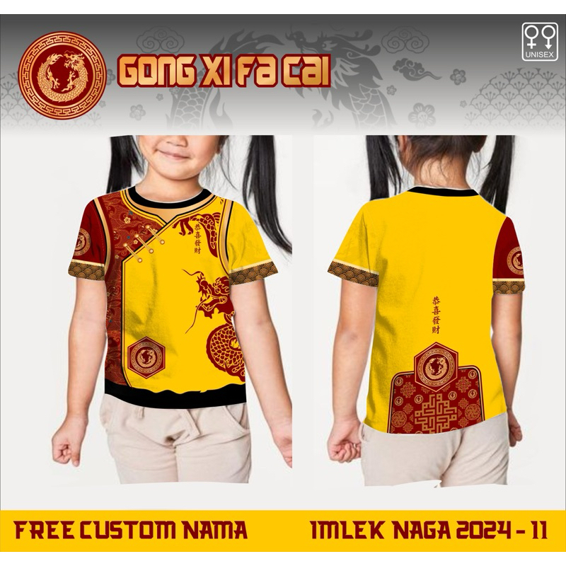 Baju imlek anak wanita shio naga kaos cheongsam changsan tahun baru cina 2024