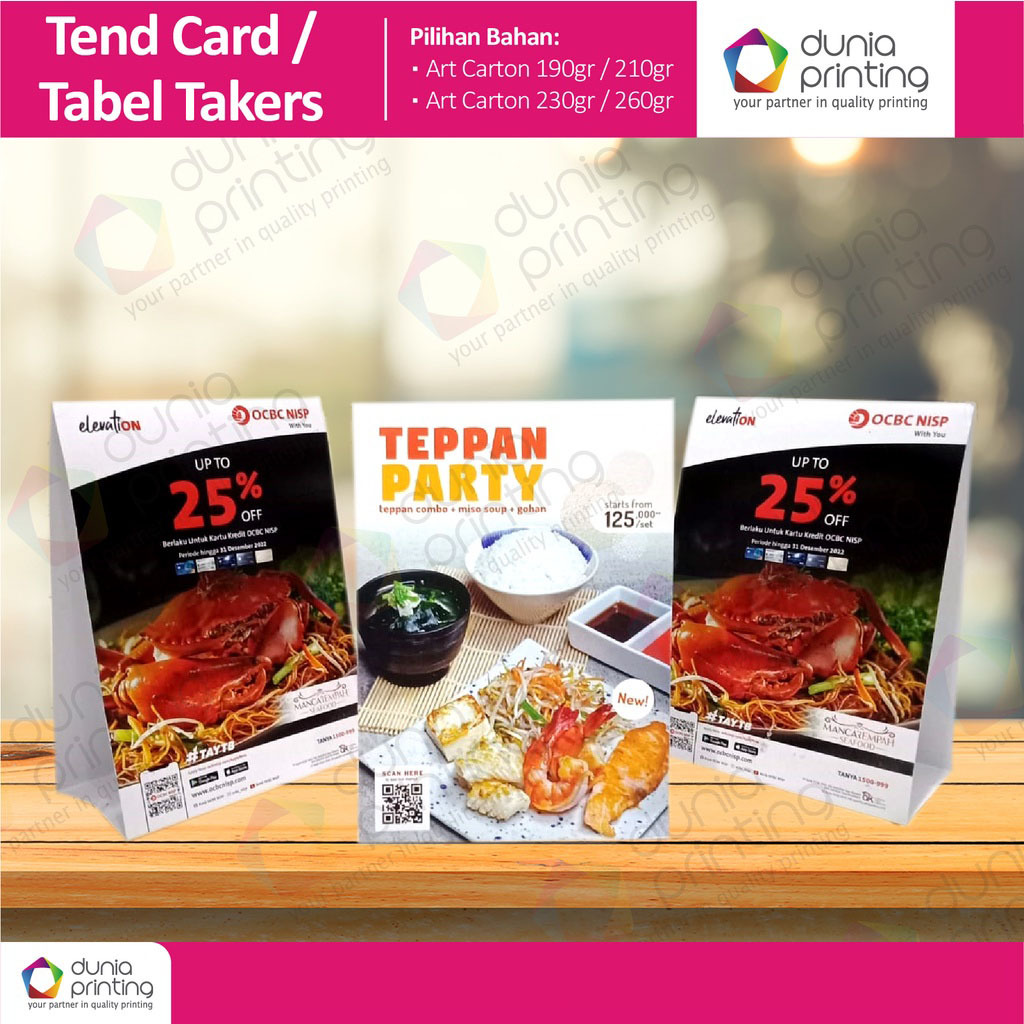 Tend card / tabel takers - bahan art carton 260 grm/ 310 grm + lam Doff