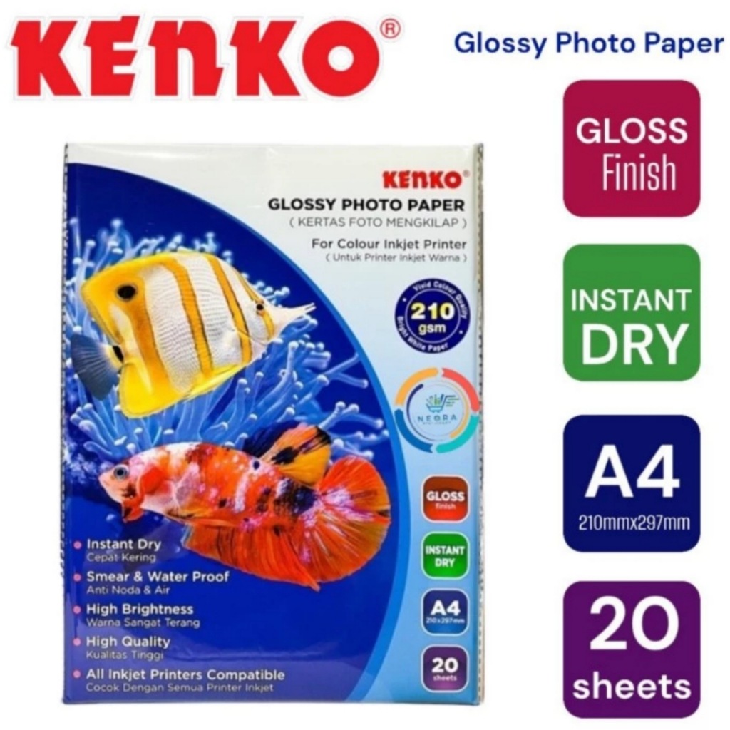 

SOS Glossy Paper Kenko A4 210gsm (20 sheets)/kertas printing