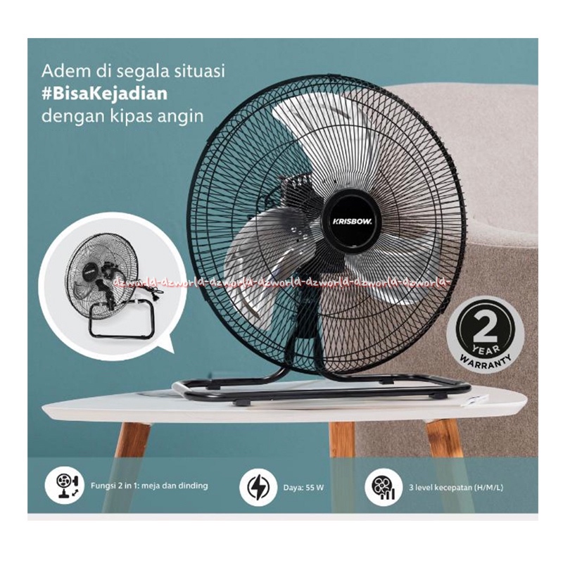 Krisbow 16inchi Kipas Angin Industrial 2in1 Meja Di Gantung Di dinding Wall Table Fan Black Warna Hi