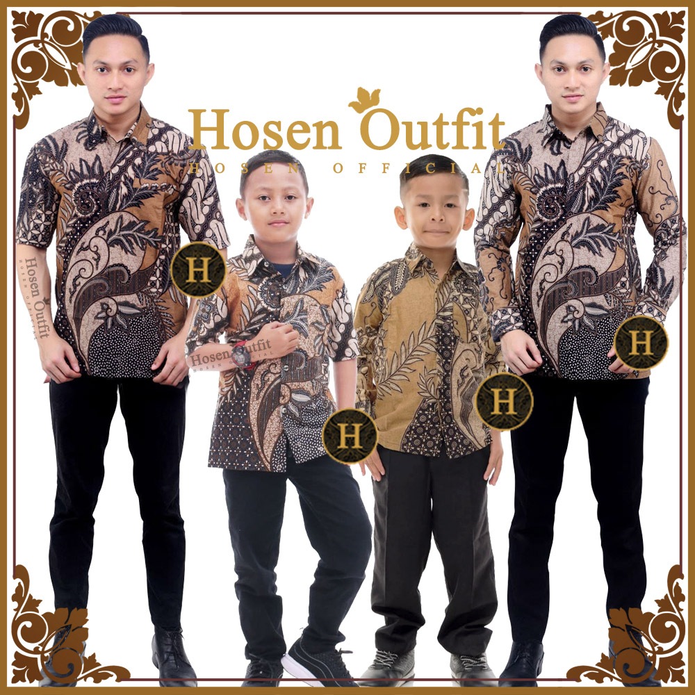 Couple Kemeja / Hem Batik Lengan Panjang Pendek Ayah Anak Laki-laki Motif Cap Coklat 1-14 tahun
