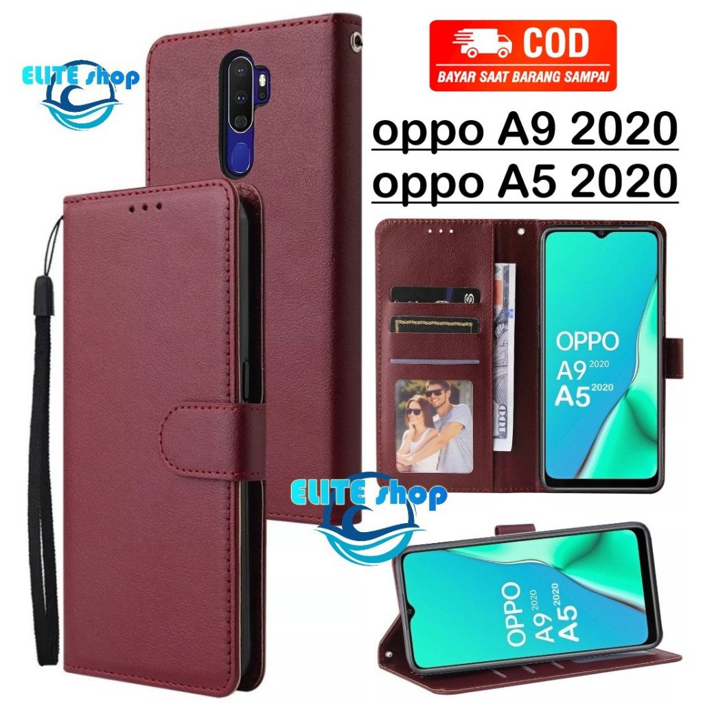 Casing OPPO A9 2020 / A5 2020 model flip buka tutup case kulit ada tempat foto dan kartu juga tali hp flip cover